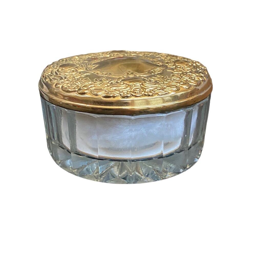 Vtg Godinger Glass Makeup Powder Jar Trinket jewelry Box Gold Lid
